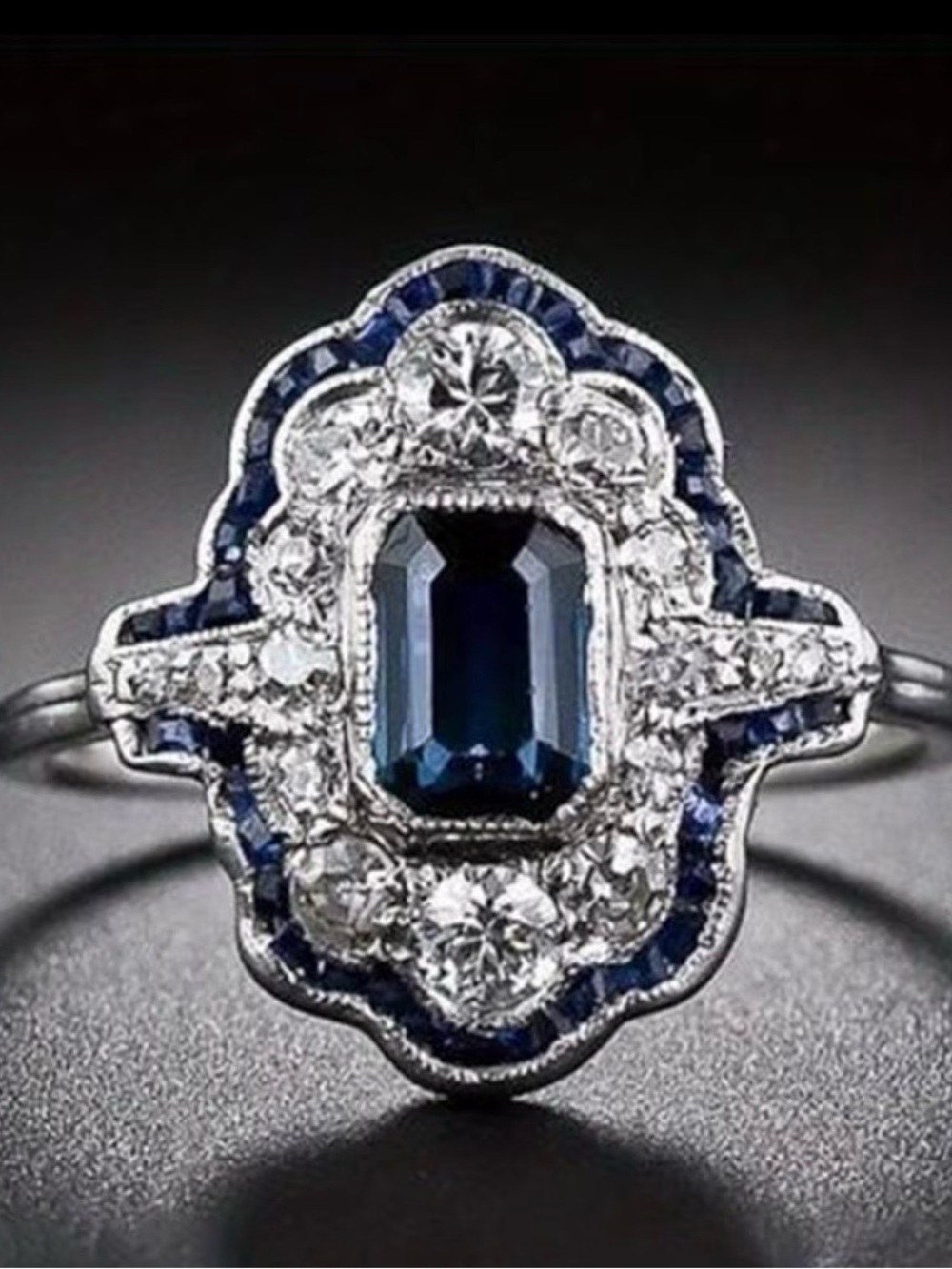 Sapphire & Moissanite Diamond Silver Vintage STYLE Ring